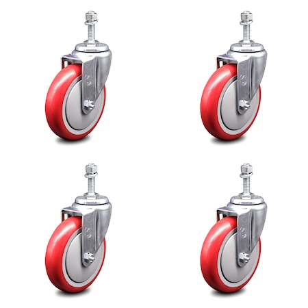 Service Caster 5 Inch Red Polyurethane Wheel Swivel 10mm Threaded Stem Caster Set SCC SCC-TS20S514-PPUB-RED-M1015-4